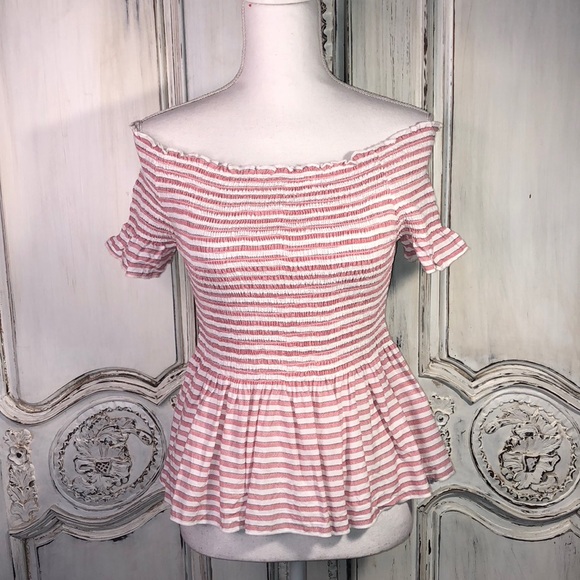 Japna Tops - Japna 100% Rayon Off The Shoulder Smocked Bodice Short Sleeve Peplum Top Size S